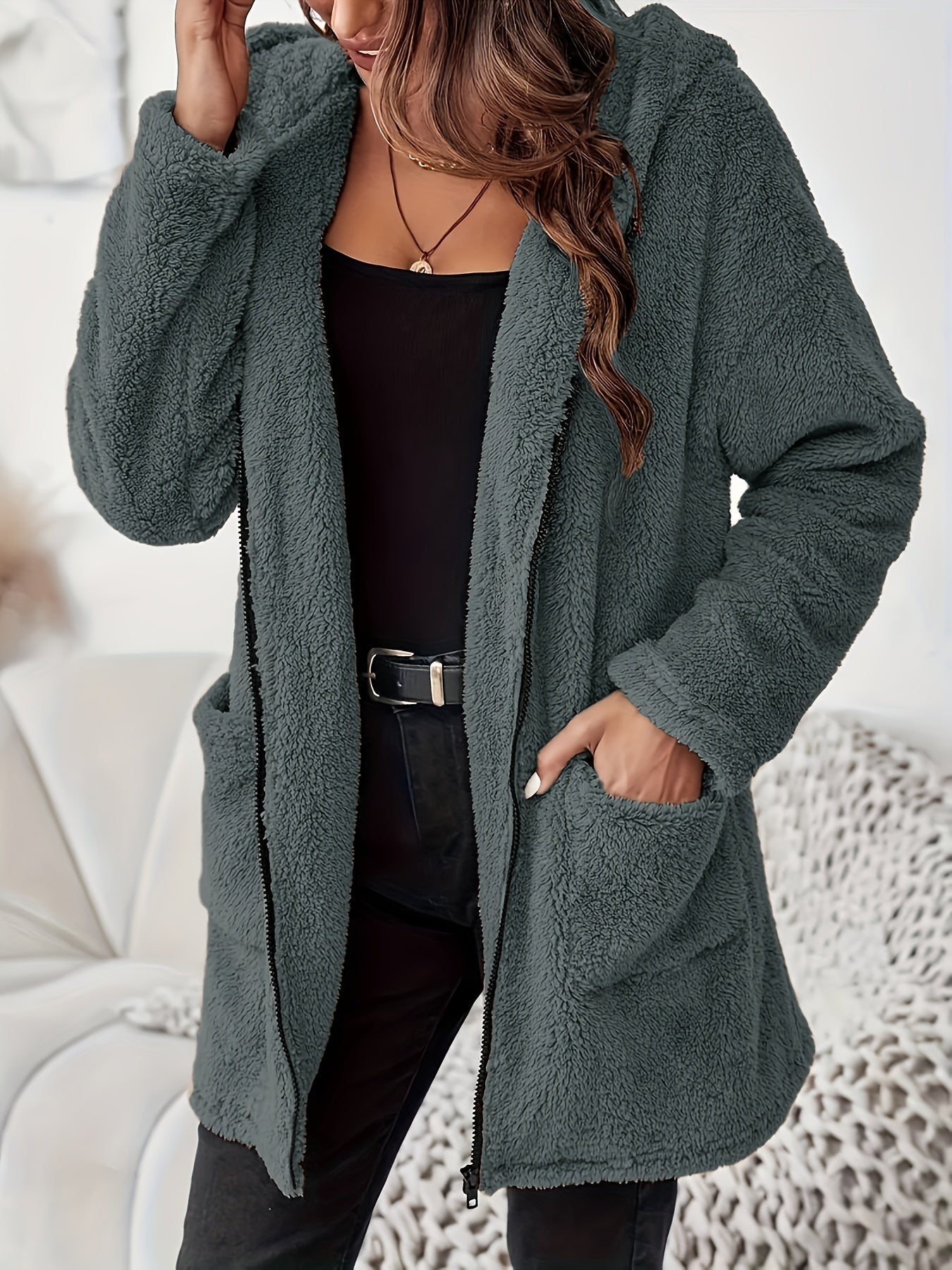 Soft Plush Winter Jacket with Zipper and Patch Pockets - Warm and Comfortable Jacket for Cold Days