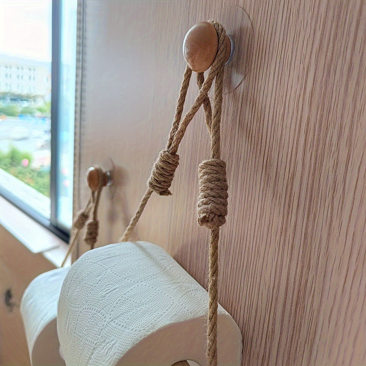 Rustic Toilet Paper Holder – Macramé Rope and Wooden Rod for Bathroom