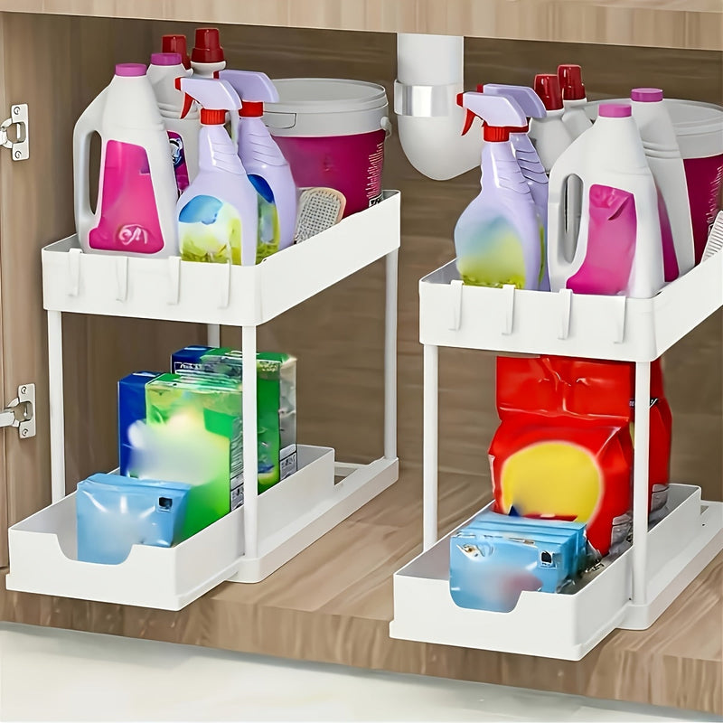 2-Tier Organizer with Hooks and Cup – Smart and Stable Storage System for Under-Counter or Countertop