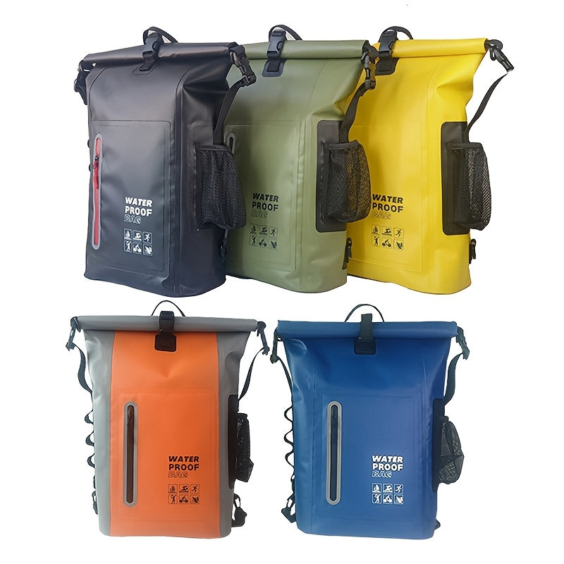 Waterproof 25L Roll-Top Backpack with Multiple Pockets, Sturdy Buckle Seal, and Mesh Side Pocket