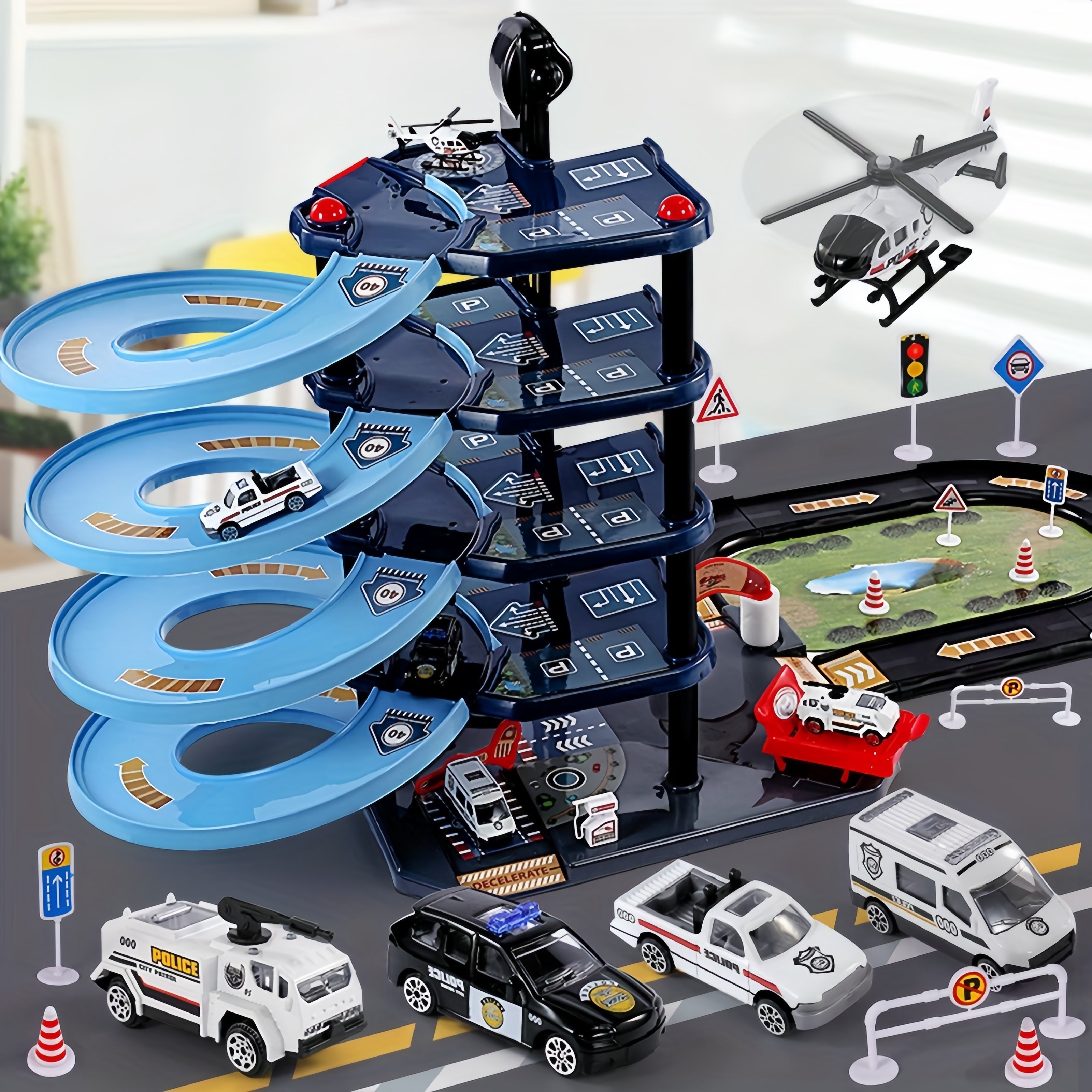 FirePark Garage Playset - Multi-Level with Fire Trucks and Traffic Signs