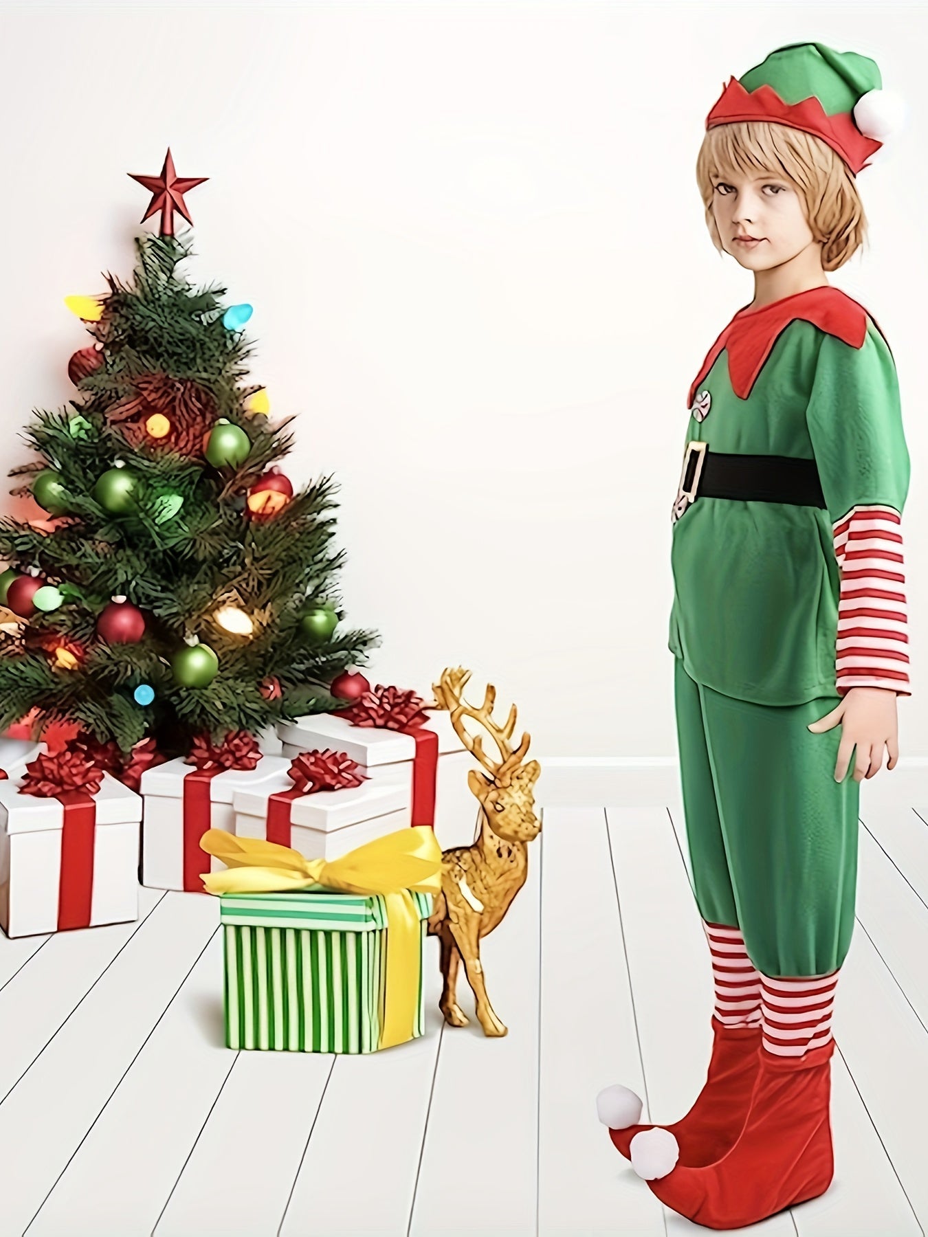 Funny Christmas Elf Outfit for Kids - Complete with Hat, Top, Pants, and Shoe Covers