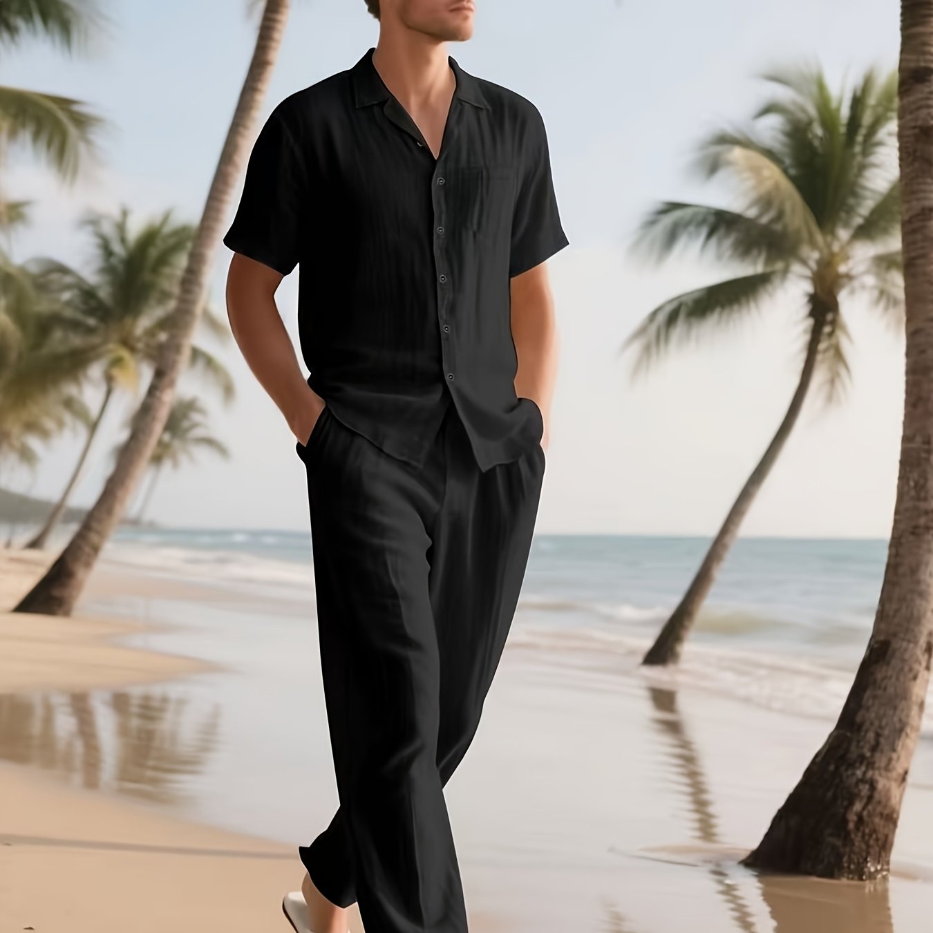 Men's Casual Linen Set – Comfortable and Breezy with Long Pants and Short Sleeves