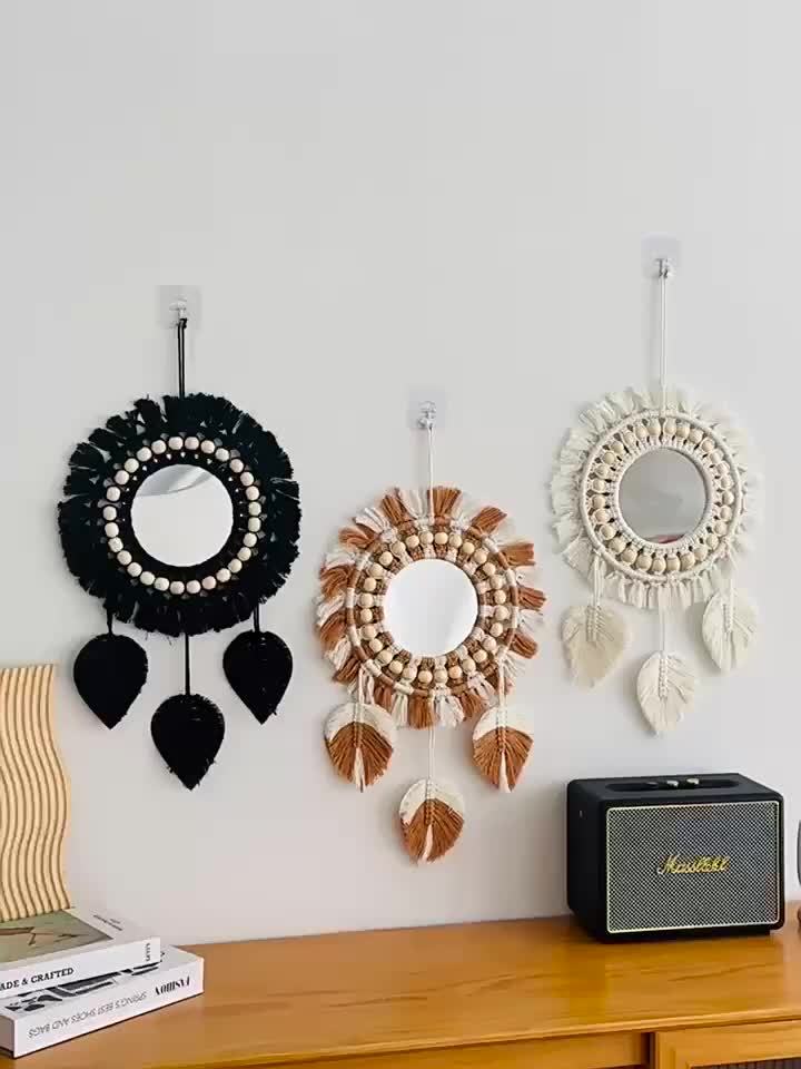 Boho Macramé Wall Mirror with Fringes – Decorative Mirror with Beads and Feathers