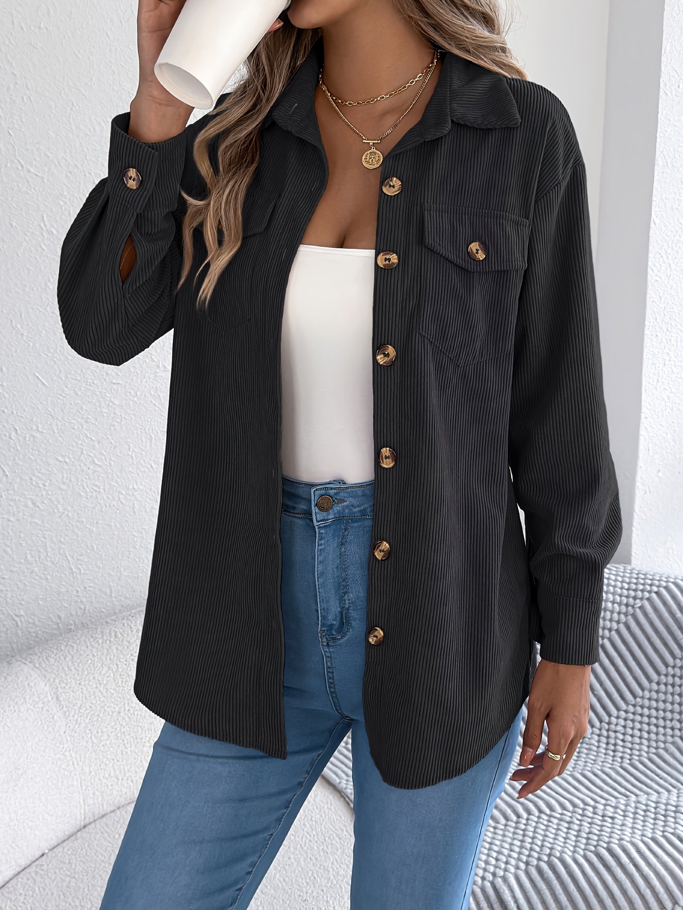 Casual Corduroy Jacket for Women – Long Sleeves and Classic Collar, Perfect for Fall and Winter
