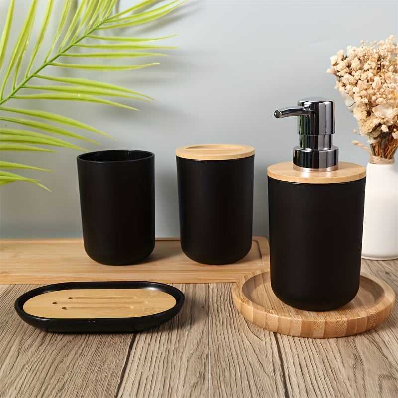 Bathroom Accessories Set with Bamboo Lid – 4-Piece Set for Bathroom Decor