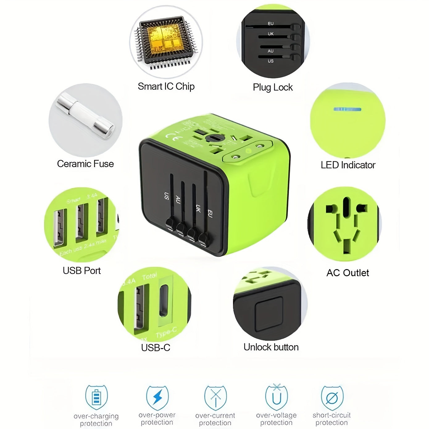 Travel Adapter with 4 USB Ports and Type-C – Global Charger with Fast Charging and Safety Features