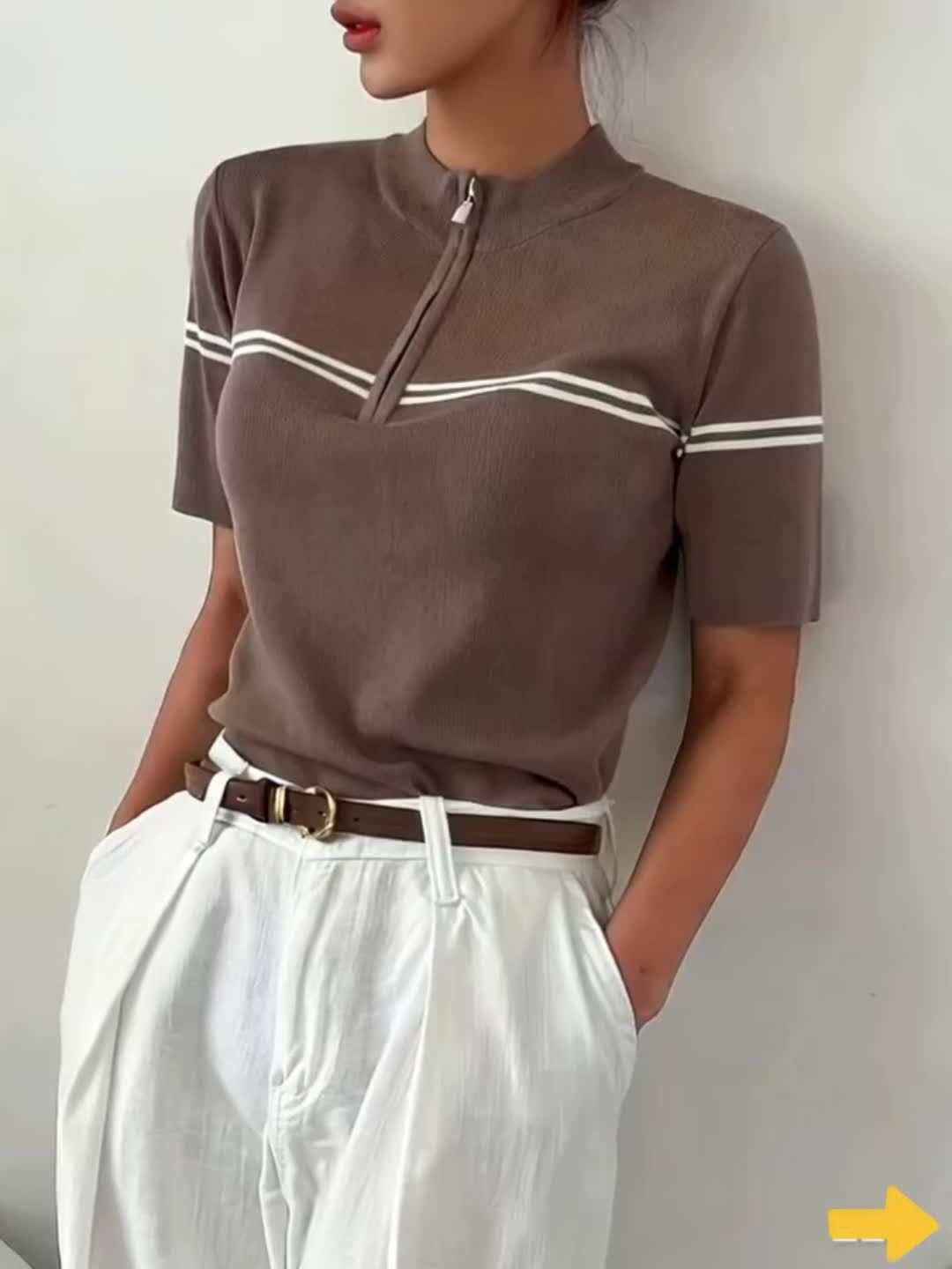 Ladies Striped Polo Shirt with Zipper Detail – Lightweight Summer Casual Top
