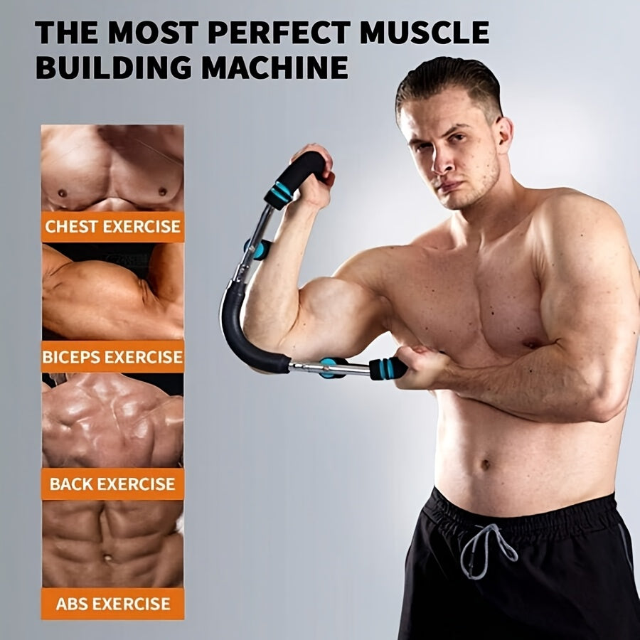 Adjustable Arm and Chest Muscle Trainer for Men with Stainless Steel Frame and Comfortable Blue Grips