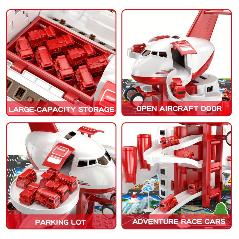 AdventurePlay Airplane & Fire Truck Playset - Race Track and Garage for Kids