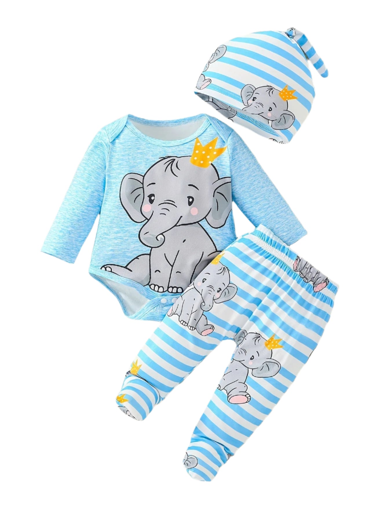 Baby Elephant Outfit Set – Romper, Pants, and Hat for a Joyful Adventure
