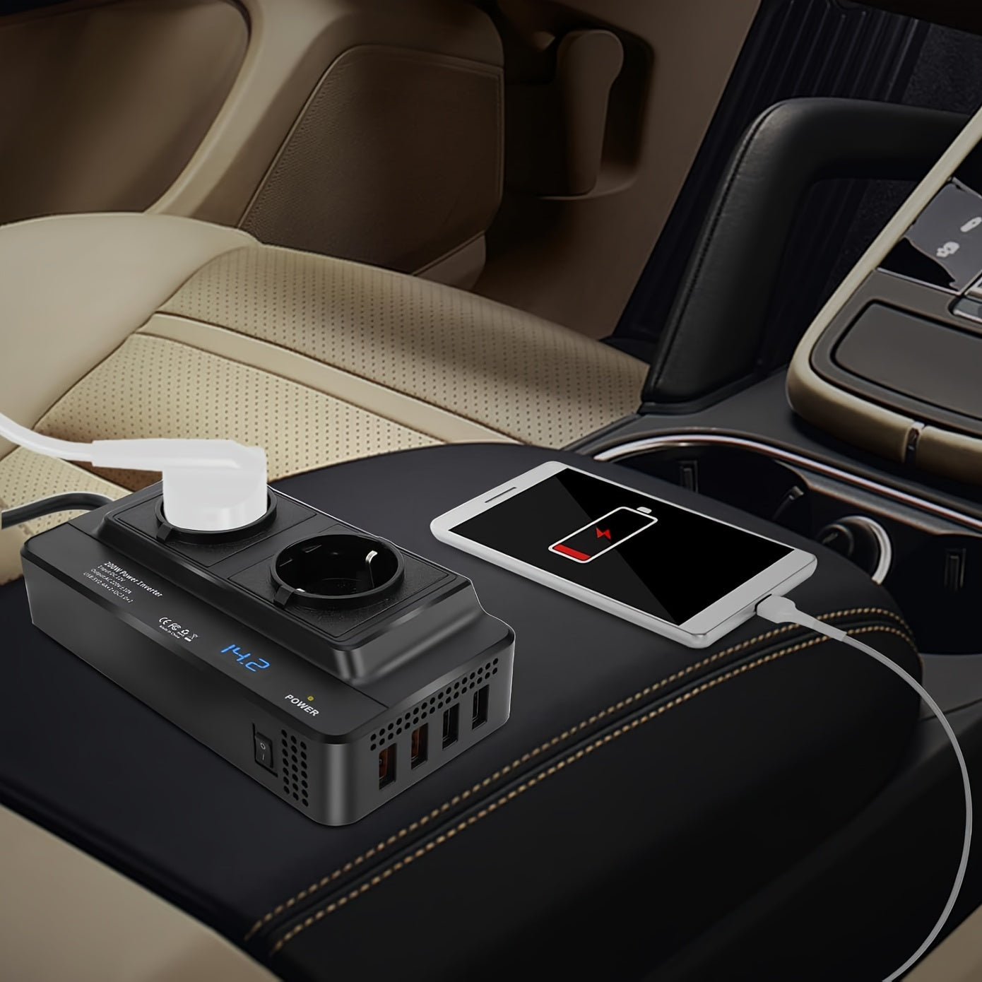 Compact 200W Car Power Inverter – Dual Sockets & Quad USB