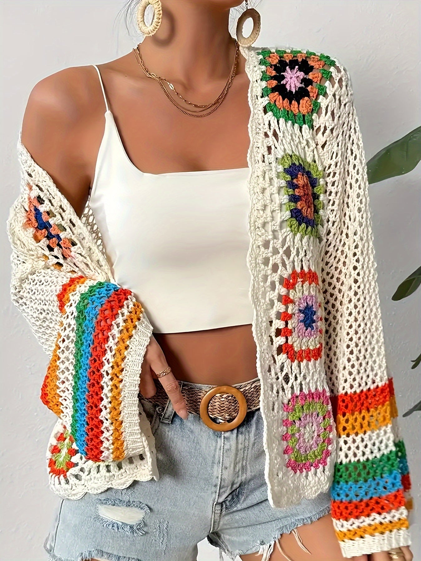 Colorful Crocheted Flower Cardigan – Stylish and Breathable for Spring and Autumn