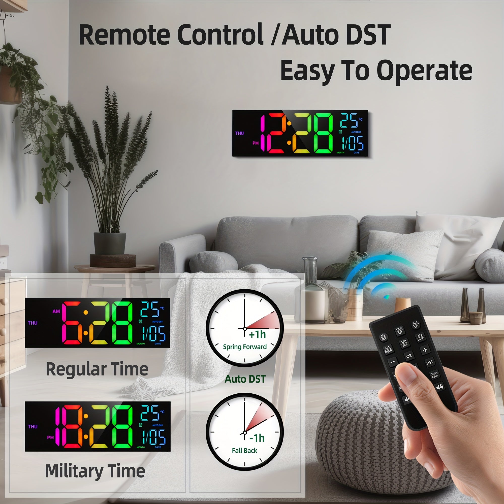 LumiWall Digital Wall Clock – Large, Colorful, and Easy to Read