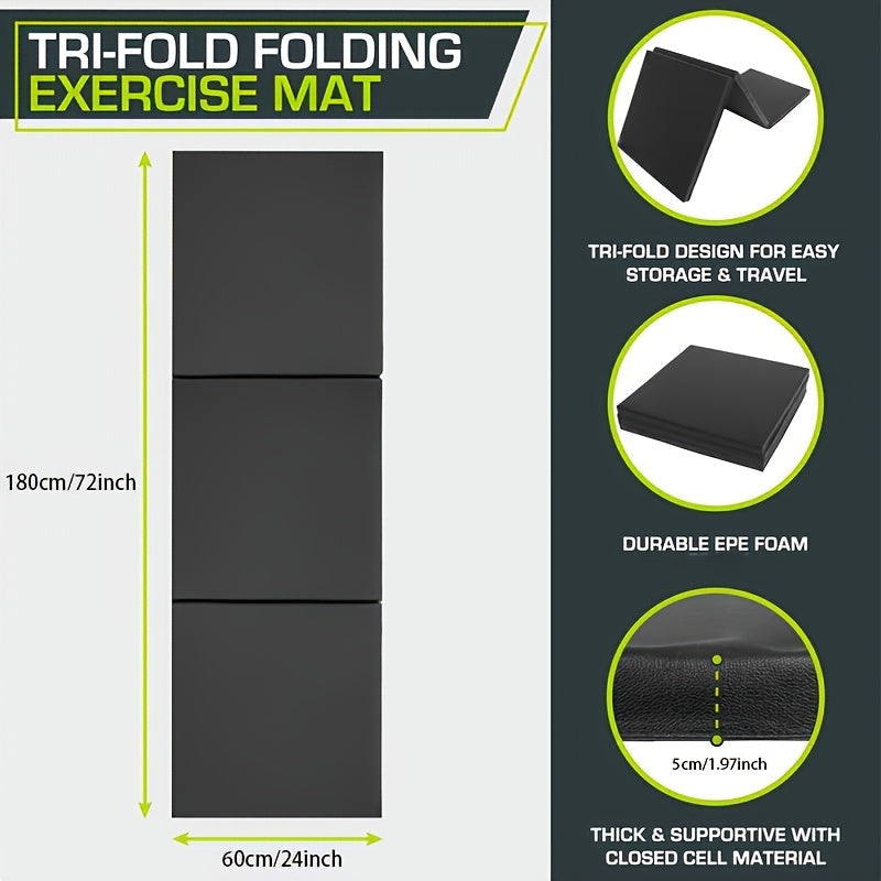 Portable Triptych Yoga Mat with Thick Padding, Non-Slip PU Surface, and Handle
