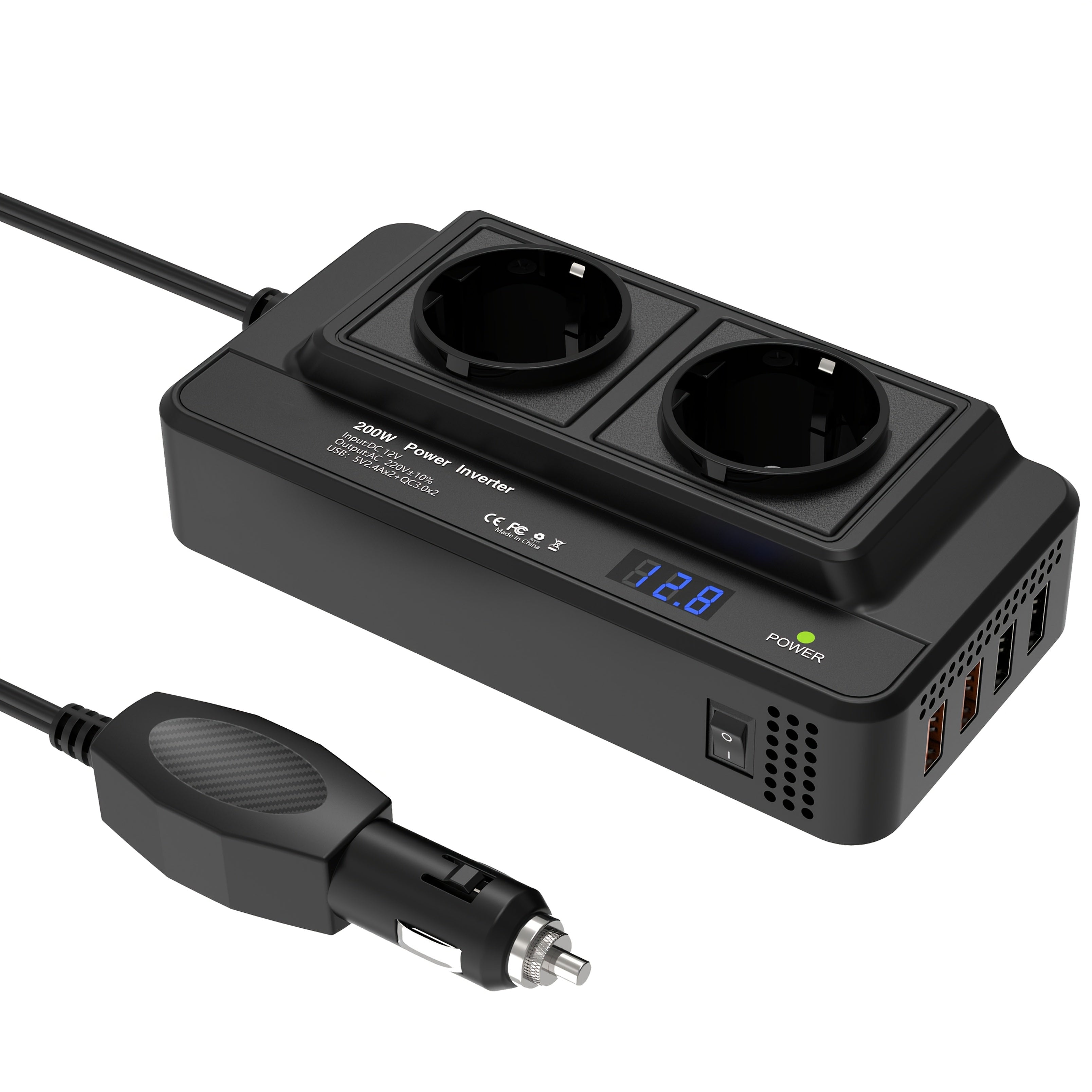 Compact 200W Car Power Inverter – Dual Sockets & Quad USB