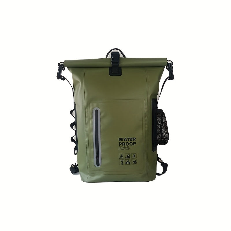 Waterproof 25L Roll-Top Backpack with Multiple Pockets, Sturdy Buckle Seal, and Mesh Side Pocket