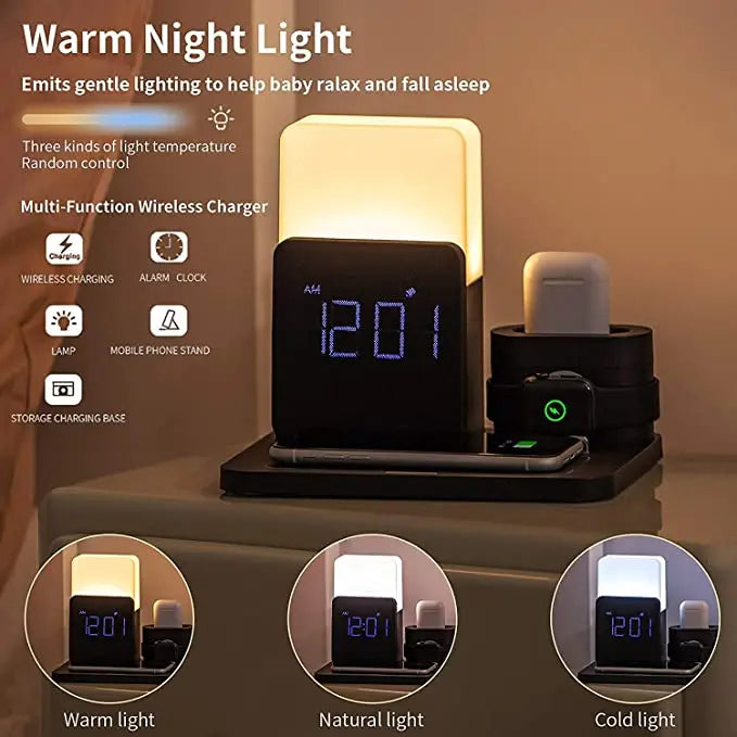 Multi-Function Wireless Charging Station – Lamp and Alarm Clock Included