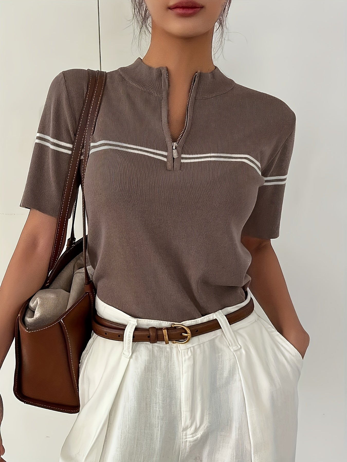 Ladies Striped Polo Shirt with Zipper Detail – Lightweight Summer Casual Top