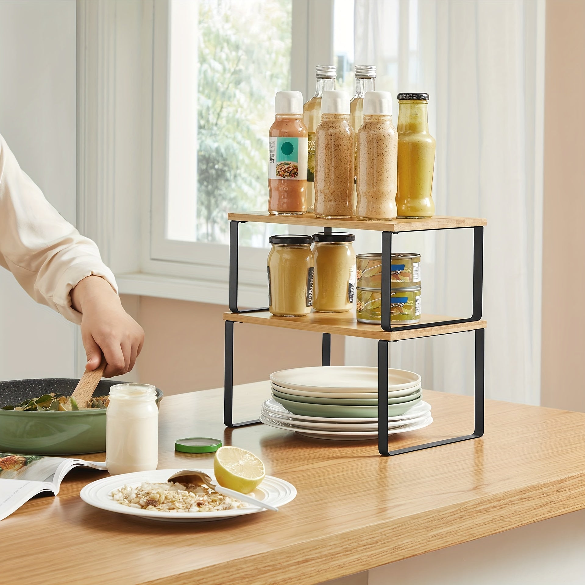 2-Piece Adjustable Bamboo Storage Racks – Stylish and Space-Saving for Cabinets or Countertops