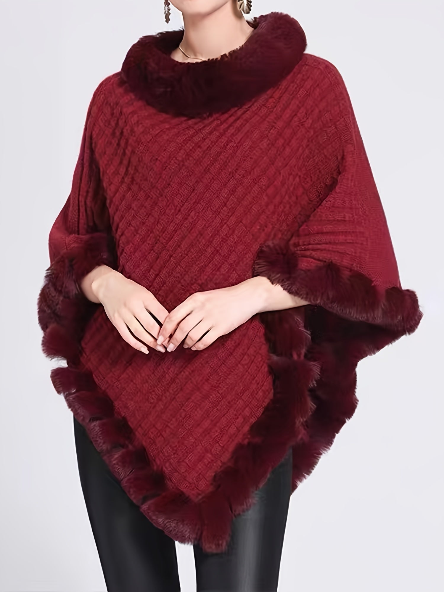 Luxury Thick Knit Turtleneck Sweater for Women - With Faux Fur Trim and Chic Pullover Cape for Winter