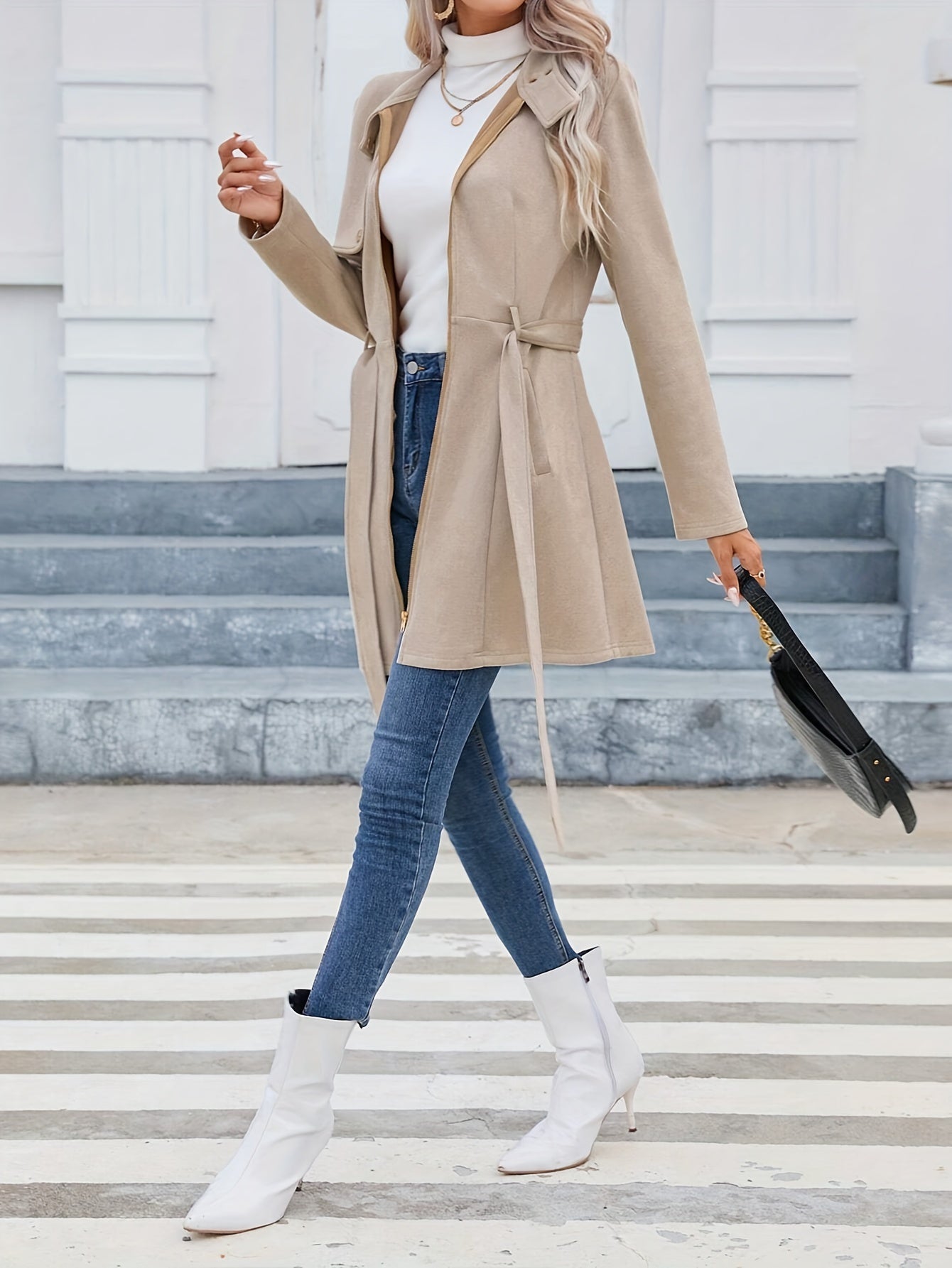 Elegant Mid-Length Women's Coat with Waist Tie – Timeless Design for Spring and Autumn