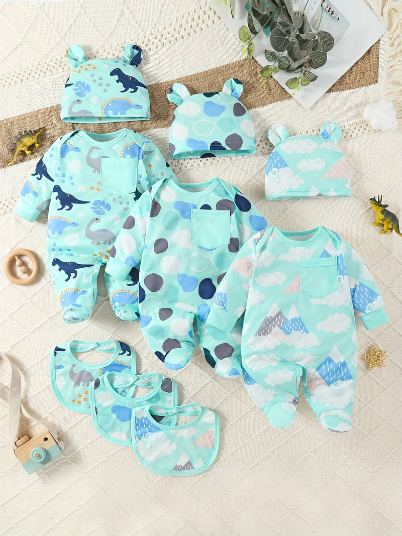 9-Piece Baby Outfit Set with Dinosaurs, Clouds, and Dots – Includes Bodysuit, Hat, and Bibs