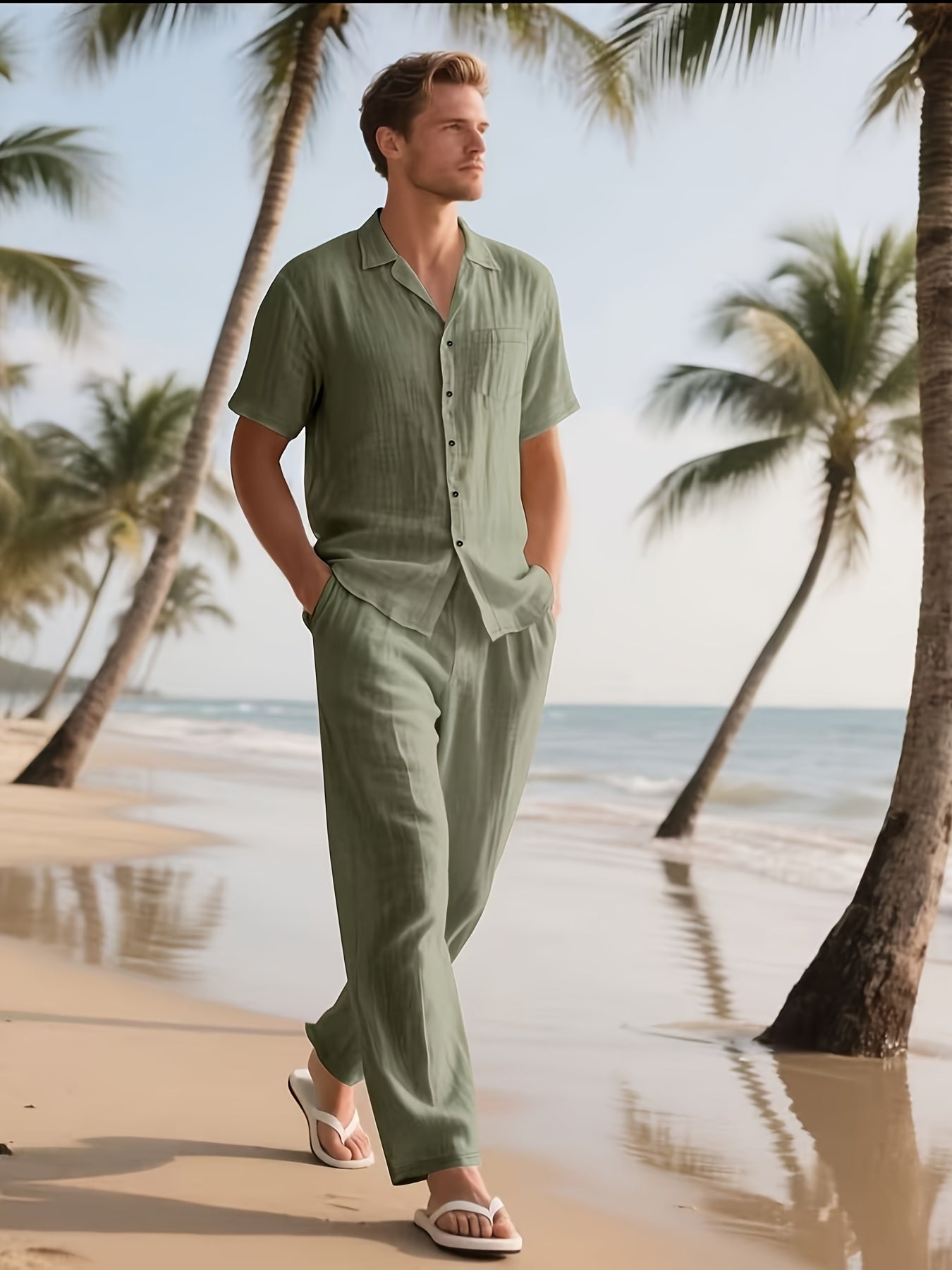 Men's Casual Linen Set – Comfortable and Breezy with Long Pants and Short Sleeves