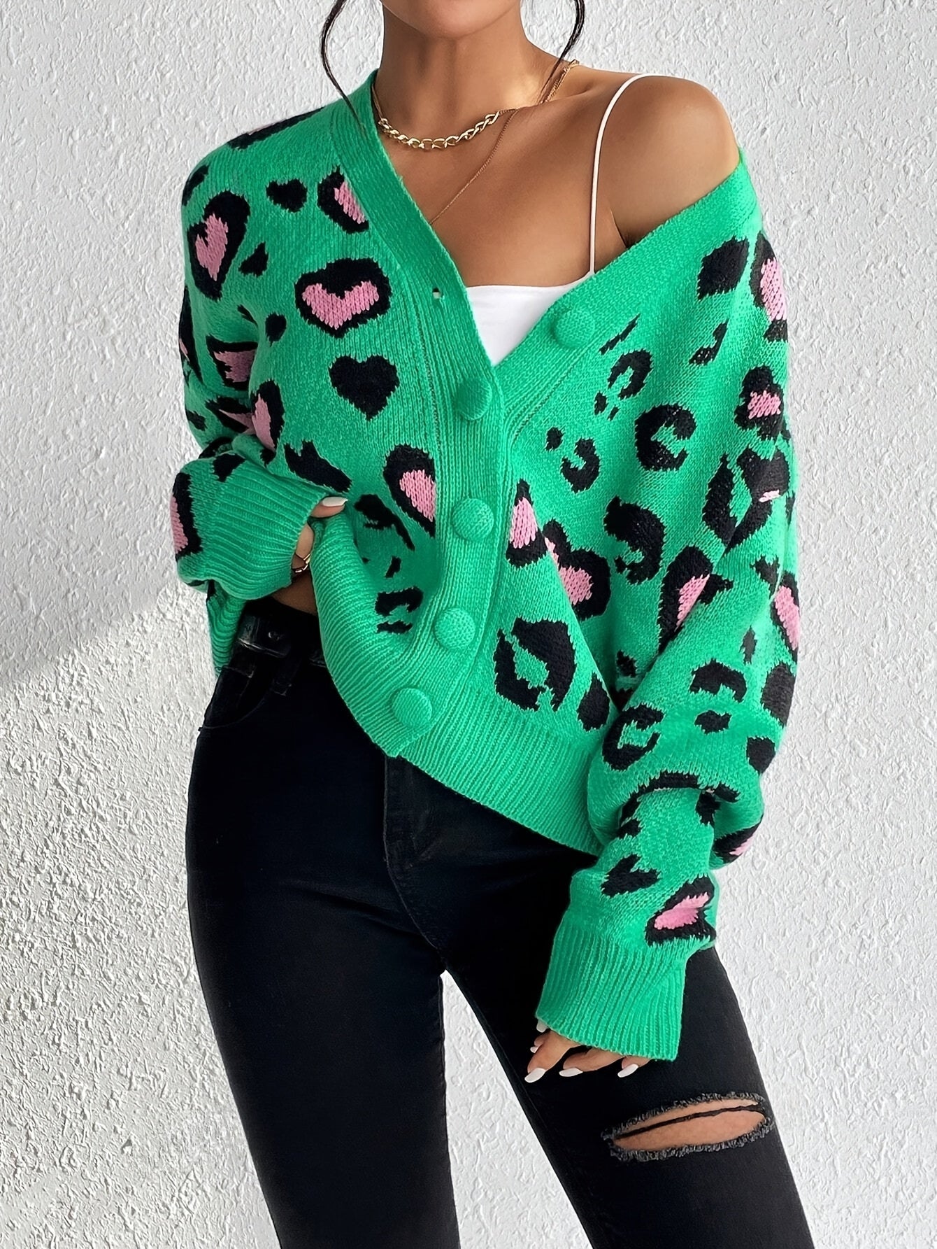 Ladies Leopard Print Love Cardigan – Cheerful and Comfortable for Spring and Autumn