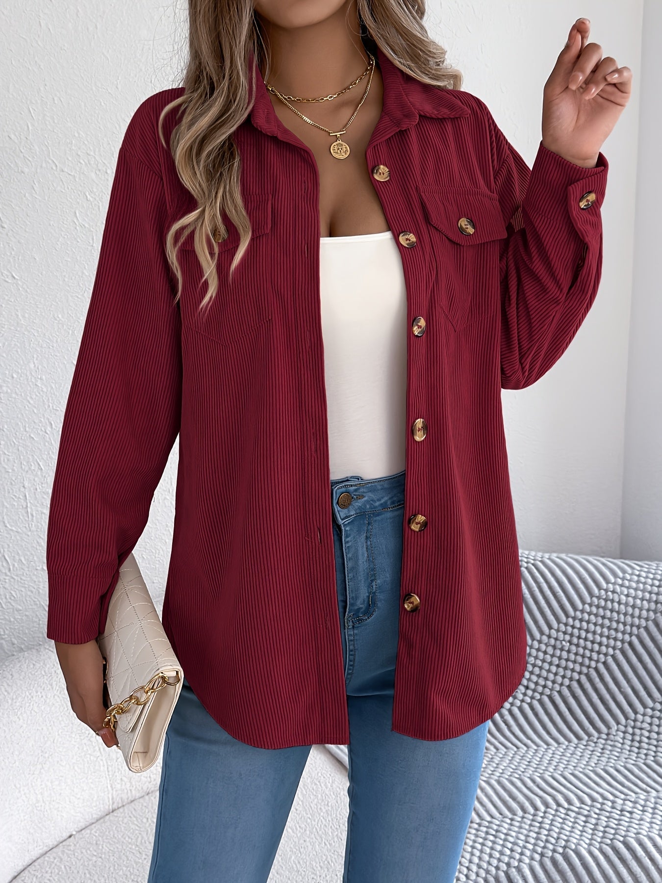 Casual Corduroy Jacket for Women – Long Sleeves and Classic Collar, Perfect for Fall and Winter