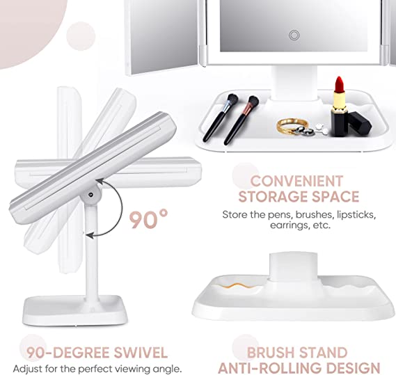 Lumière Makeup Mirror with LED Lighting – Adjustable Magnification and Stylish Storage