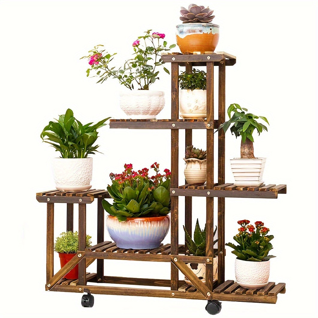 Robust 6-Tier Wooden Plant Stand – Carbonized Treatment