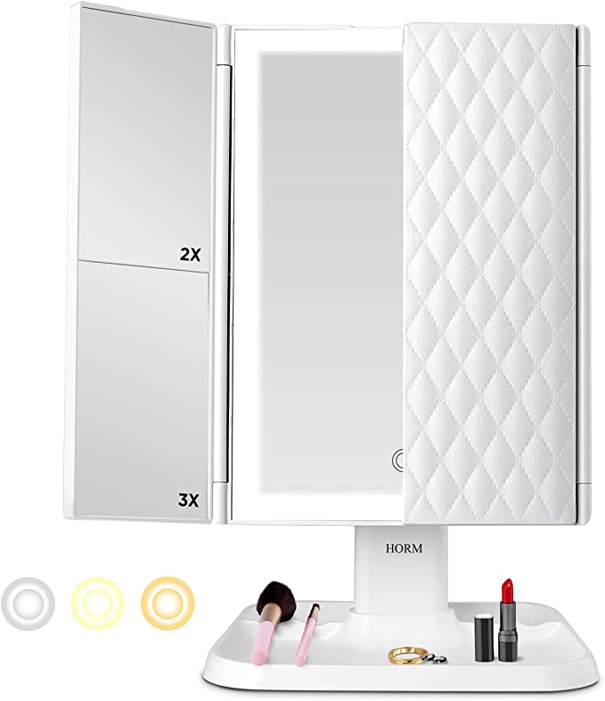 Lumière Makeup Mirror with LED Lighting – Adjustable Magnification and Stylish Storage