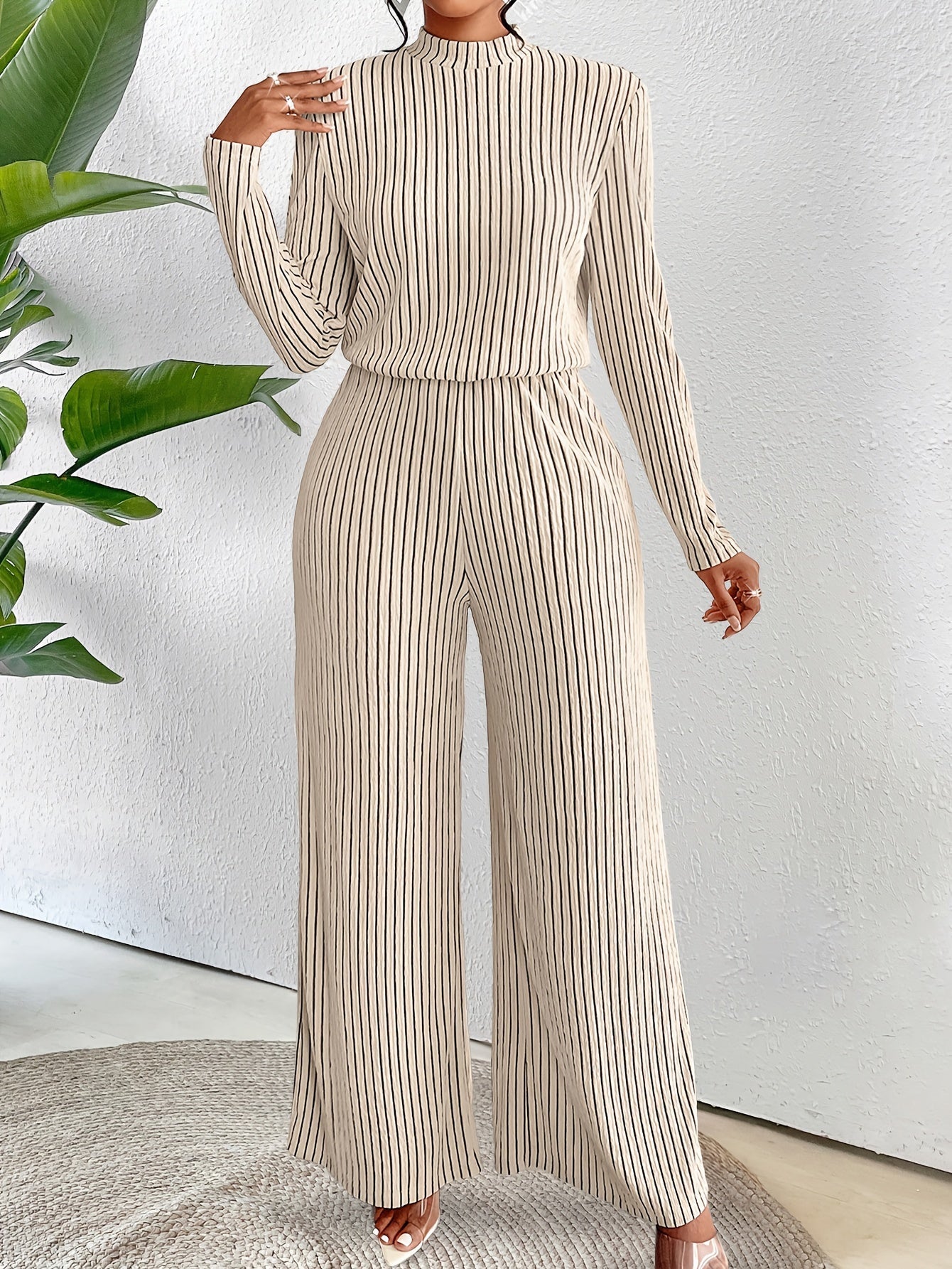 Elegant Ribbed Knit Jumpsuit for Women – Striped, Long Sleeves and High Neck