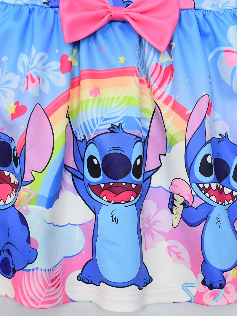 Disney Stitch Girls Sleeveless Round Neck Dress with Bow & Floral Print - Lightweight Polyester Spandex