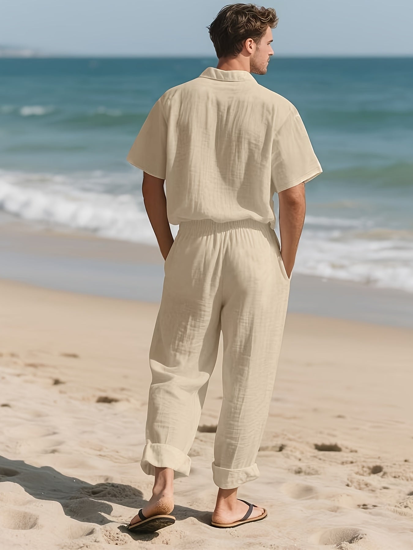 Men's Casual Linen Set – Comfortable and Breezy with Long Pants and Short Sleeves