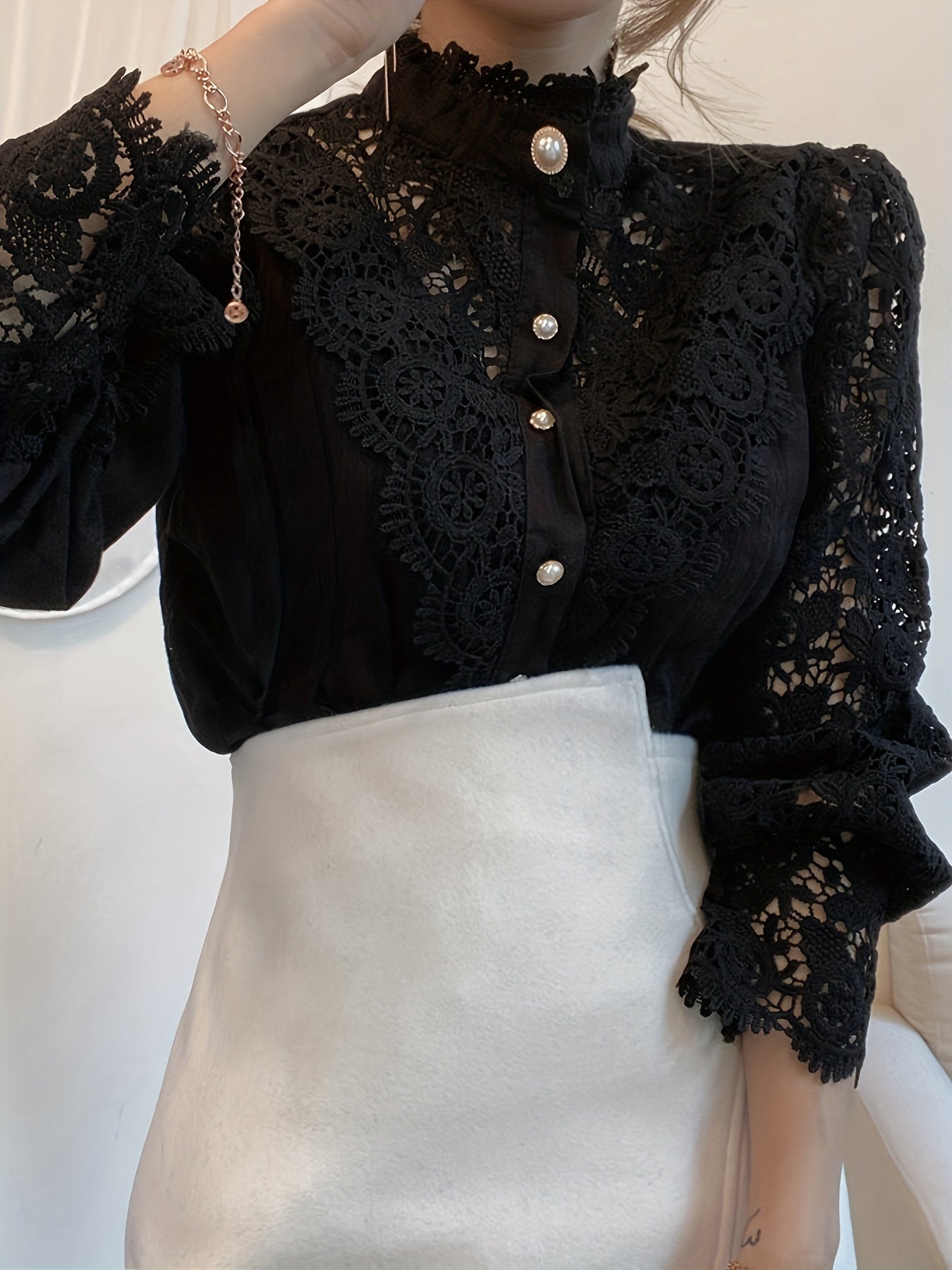 Victorian Inspired Blouse with Pearl Button - Subtle Elegance for Any Occasion