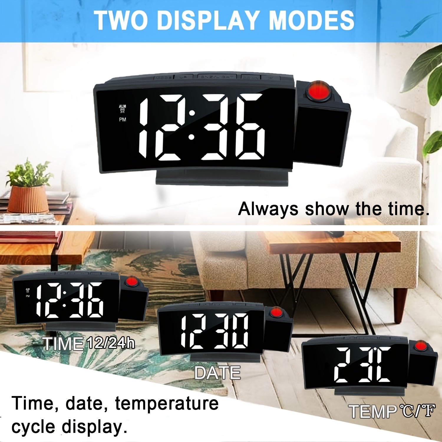 Digital Projection Alarm Clock – LED Display and Snooze Function with Adjustable Brightness