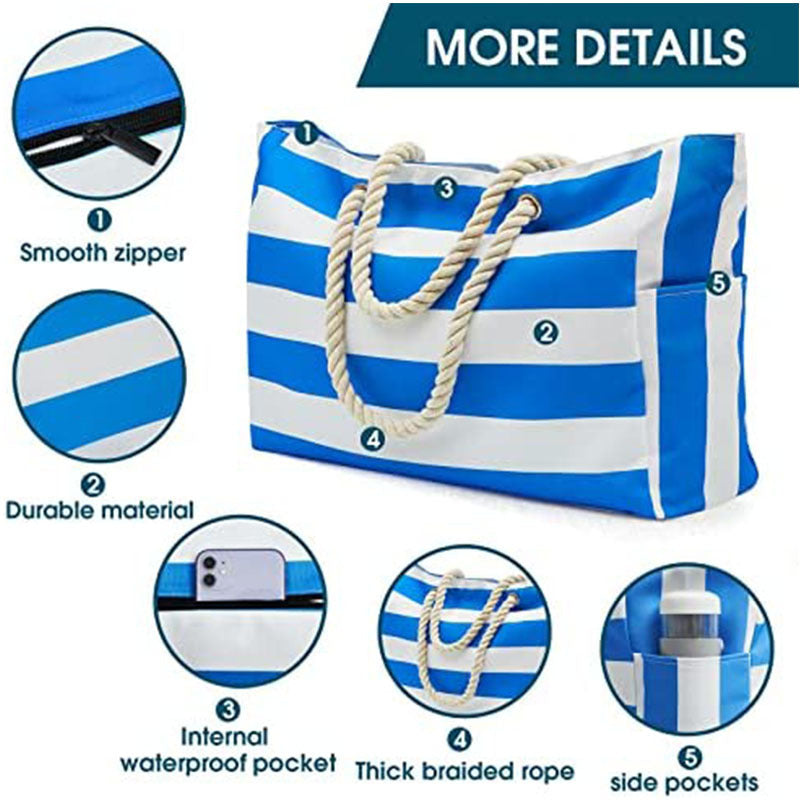 Striped Beach Bag – Spacious Travel Bag with Rope Handles for Transport and Outdoor Vacations