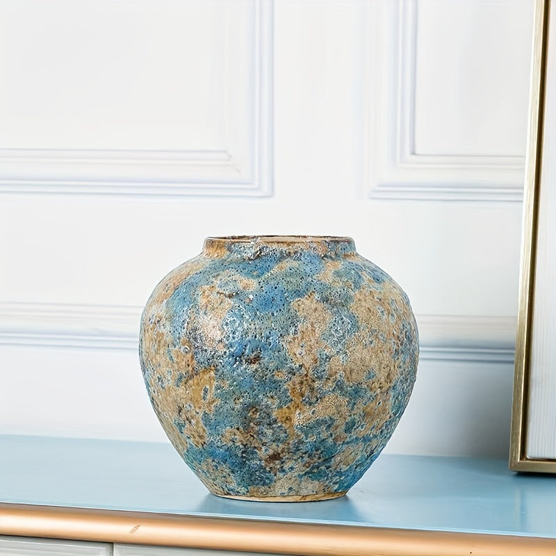 Unique Vintage Ceramic Vase – Handmade Blue Earthenware for an Authentic Look