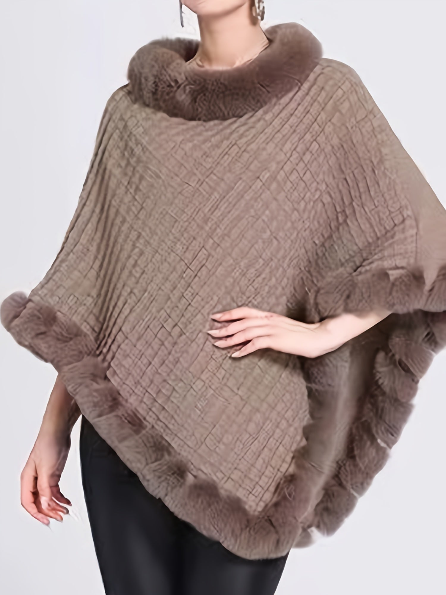 Luxury Thick Knit Turtleneck Sweater for Women - With Faux Fur Trim and Chic Pullover Cape for Winter