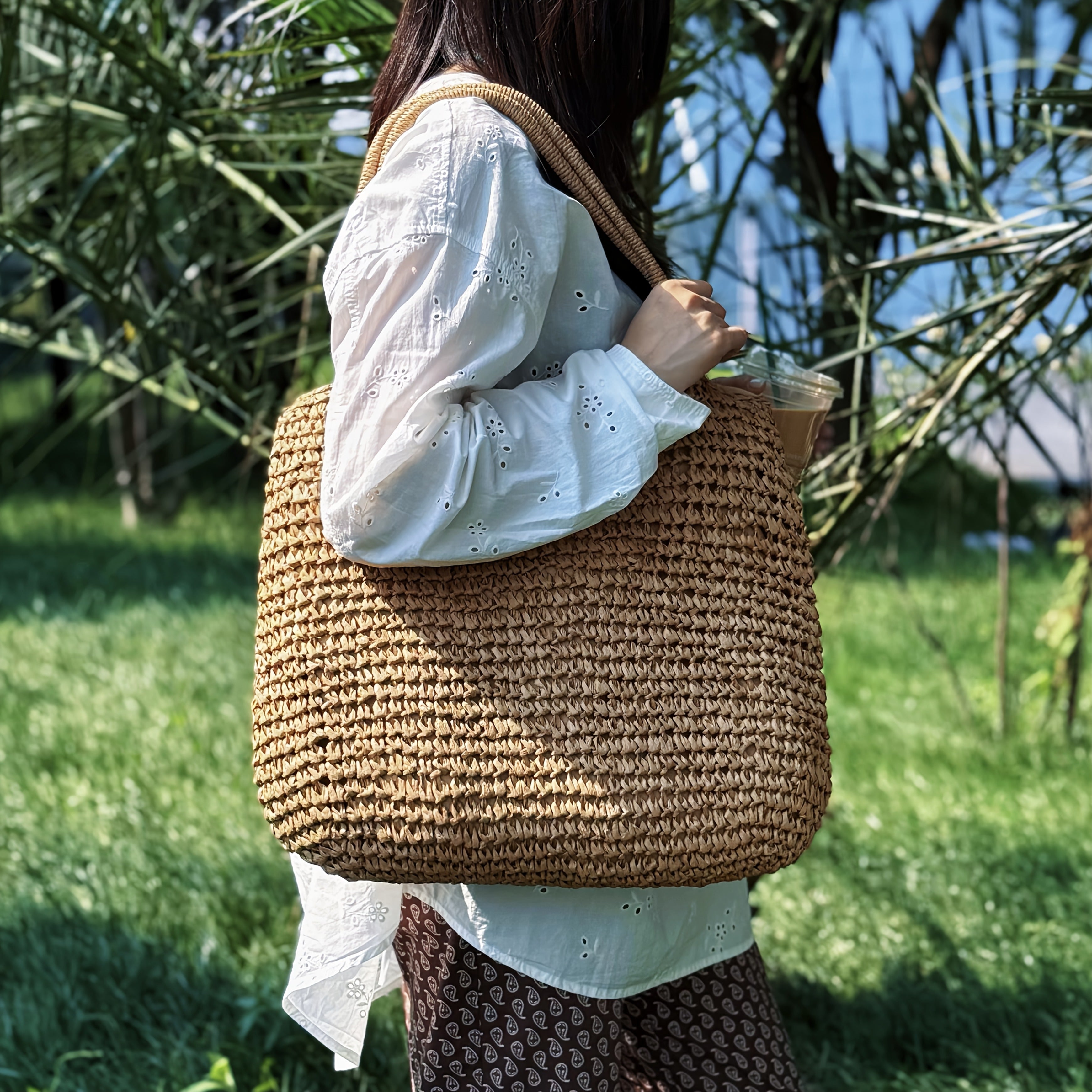 Ladies Large Capacity Woven Tote Bag with Zipper