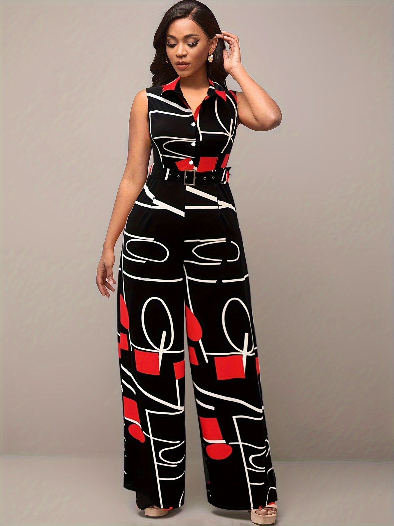 Elegant Geometric Printed Jumpsuit – Wide Legs and Belt for Parties and Casual Wear