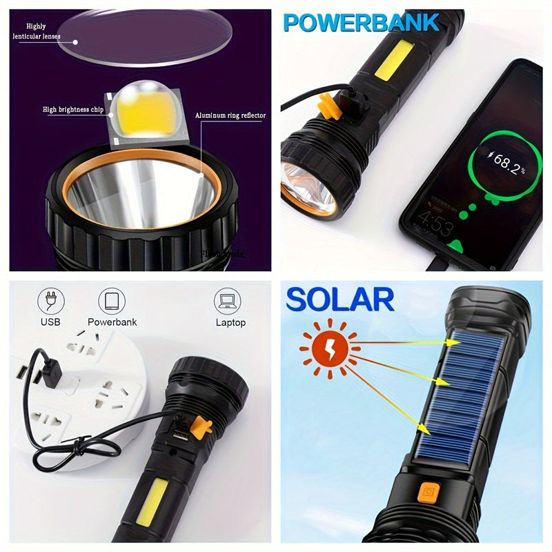 SolarBeam LED Flashlight - Rechargeable with Solar Panel & USB