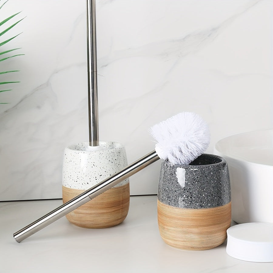 Elegant Ceramic Toilet Brush Set – Wood-Like Base and Stainless Steel Handle