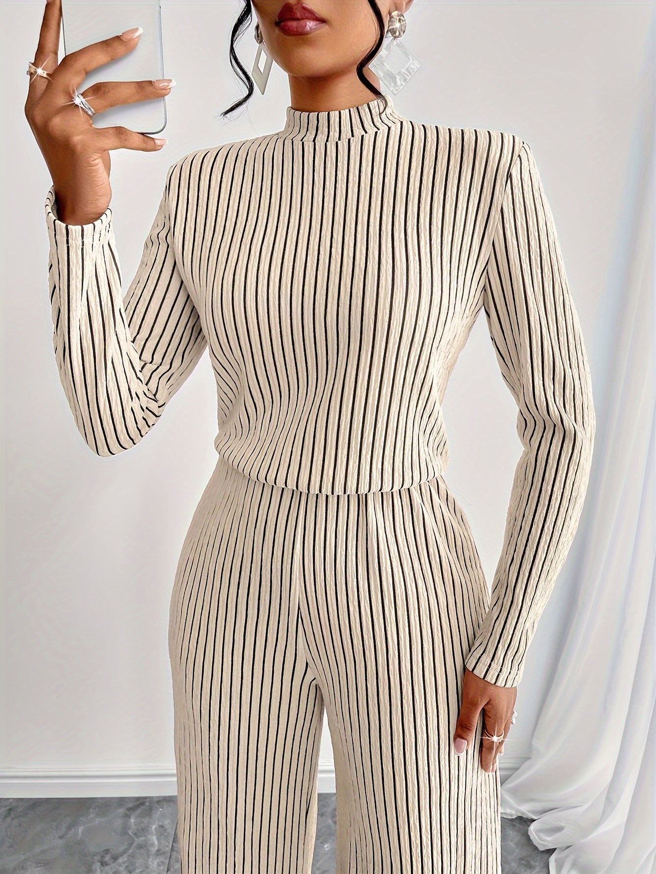 Elegant Ribbed Knit Jumpsuit for Women – Striped, Long Sleeves and High Neck