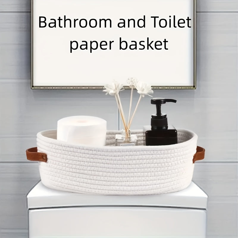 Bohemian Storage Basket with Leather Handles – Perfect for Bathroom and Living Room
