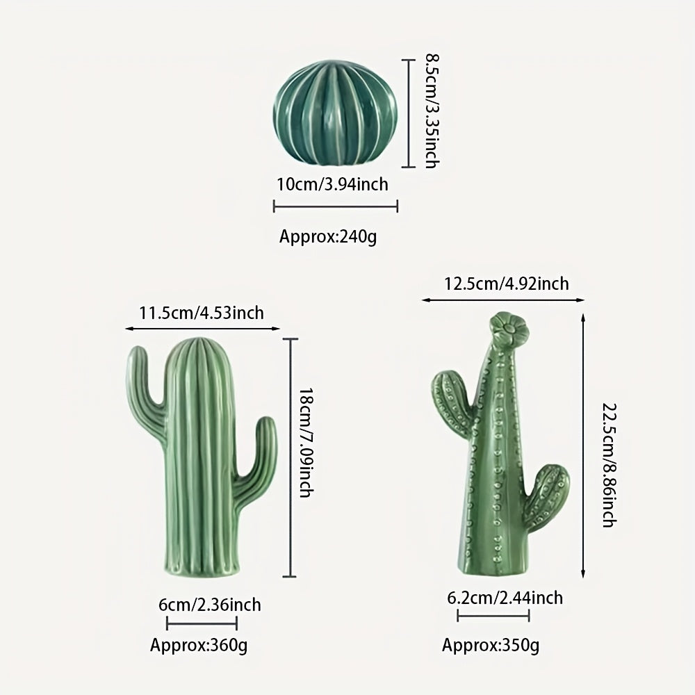 Trio of Ceramic Cactus Décor – Striped & Textured Indoor Ornaments