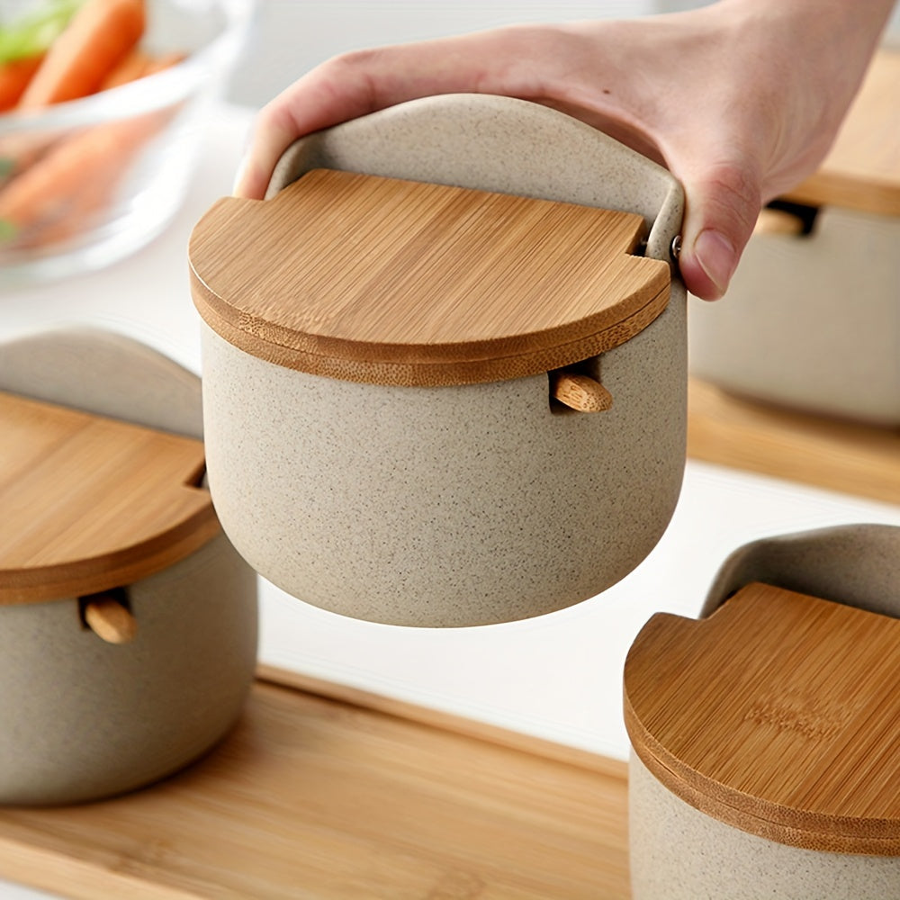 Ceramic Spice Jars Set – Durable with Bamboo Lid and Handy Tray