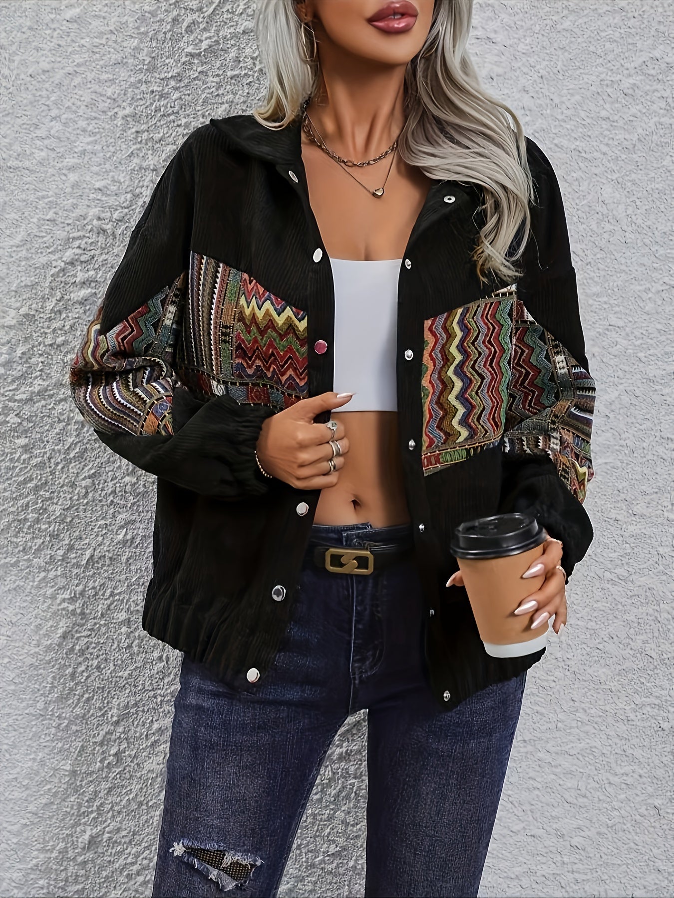 Tribal Print Corduroy Jacket – Cheerful and Stylish for Spring and Autumn